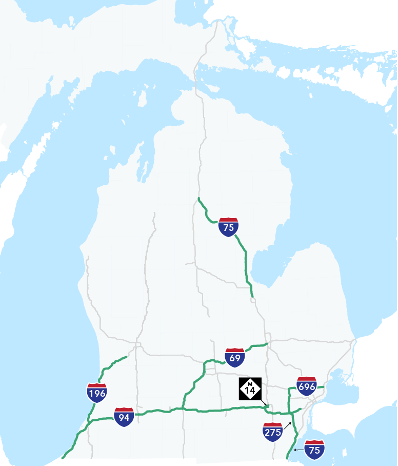 A Michigan showing the corridors studied in the Strategic Implementation Plan, with zoomed in views of the Grand Rapids Metro Area and Southeastern Michigan.